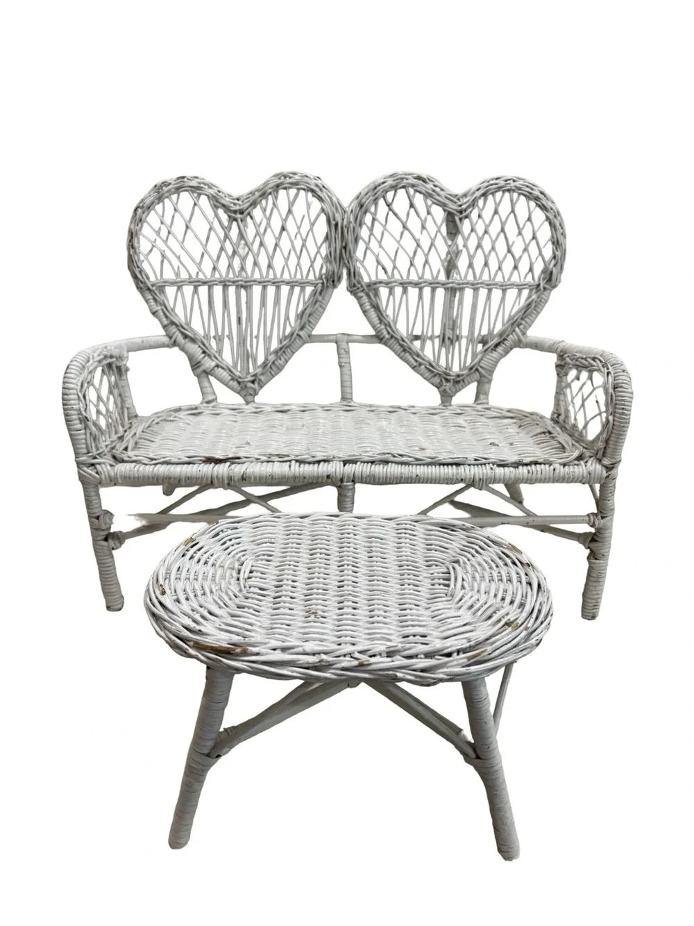 Vintage Doll Furniture Set White Wicker Hearts with Table